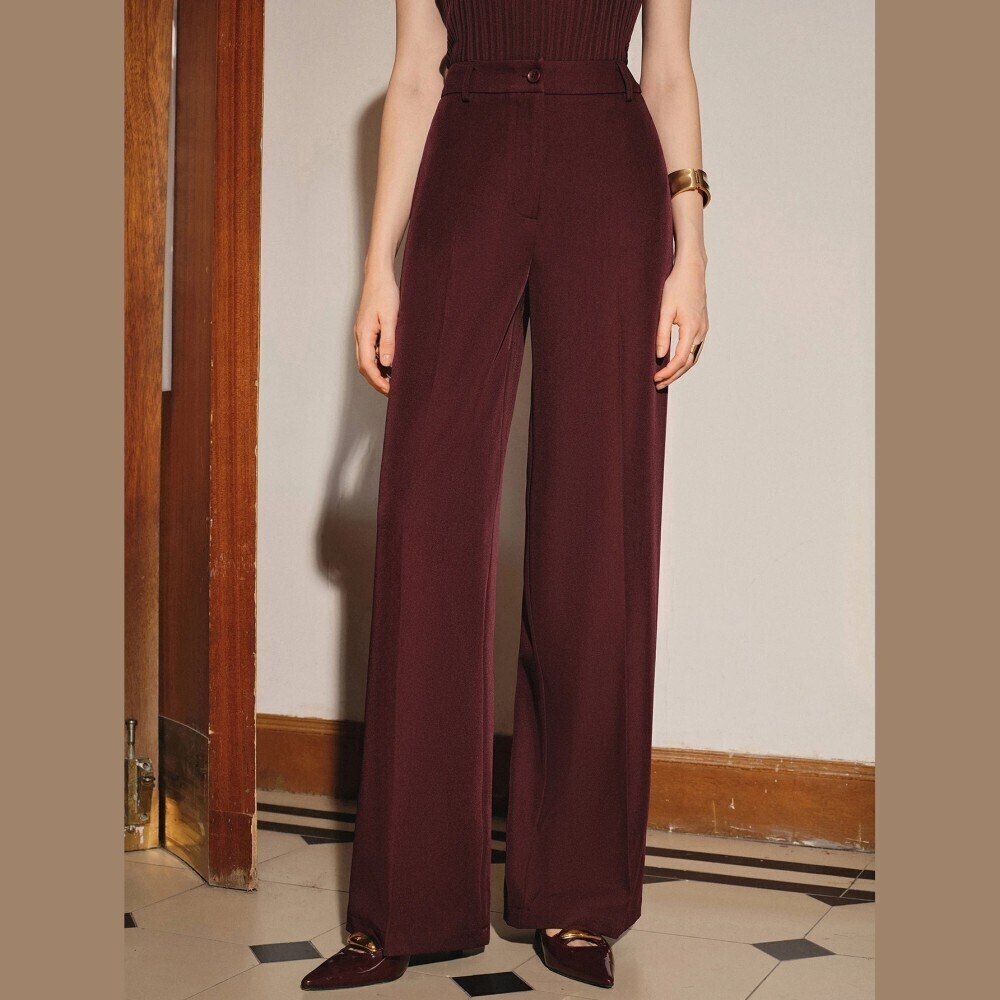 Burgundy Wine Woven High Waist Wide Leg Trouser Pants